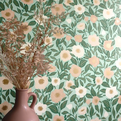 Papel pintado FLORES RETRO BEIGE Y VERDE 2