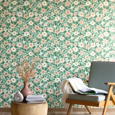 Papel pintado FLORES RETRO BEIGE Y VERDE