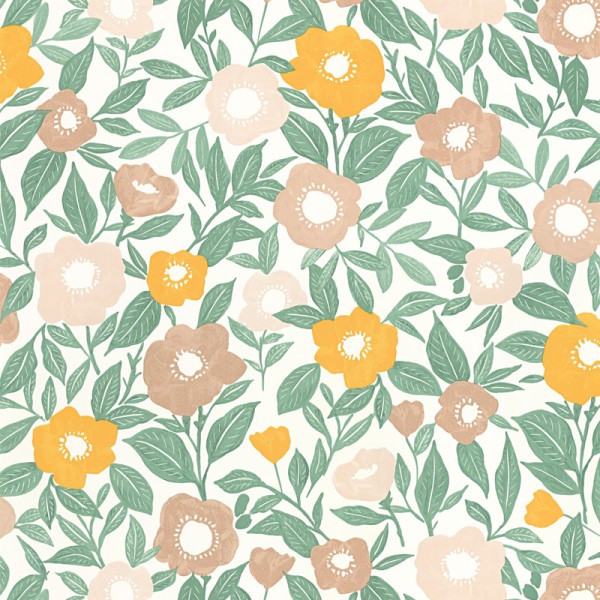 Papel pintado FLORES RETRO BEIGE Y NARANJA