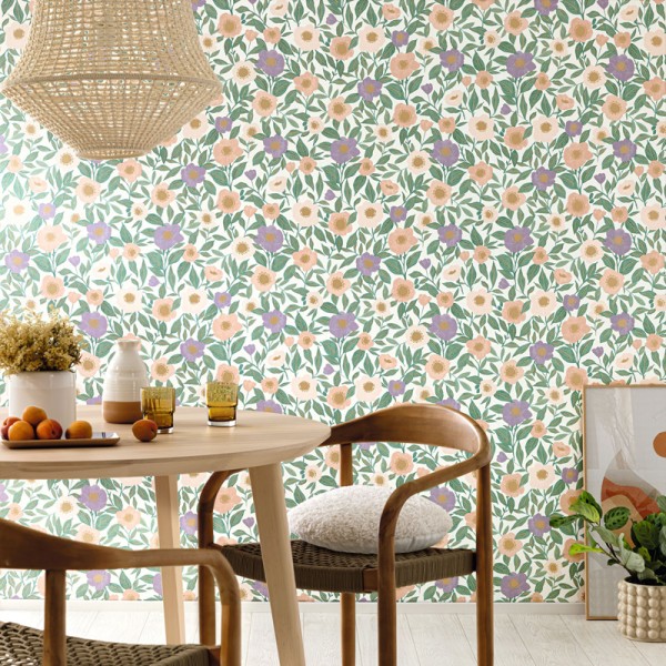 Papel pintado FLORES RETRO LAVANDA Y BEIGE Papel pintado FLORES RETRO LAVANDA Y BEIGE