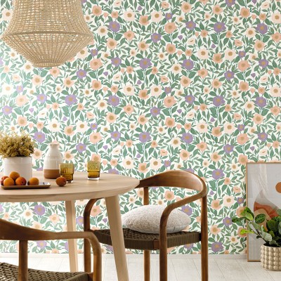 Papel pintado FLORES RETRO LAVANDA Y BEIGE Papel pintado FLORES RETRO LAVANDA Y BEIGE