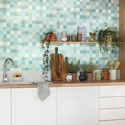 Papel de parede MOSAICO AZULEJO AQUA AZUL VERD 2