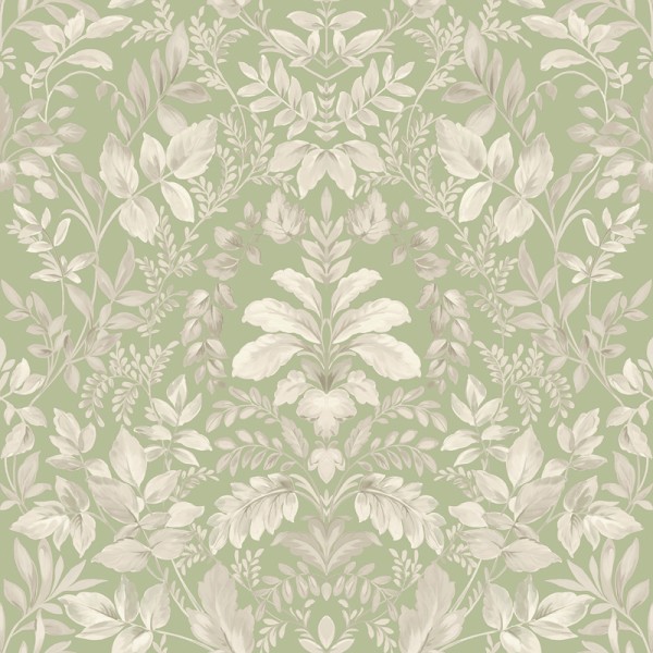 Papel pintado DAMASCO FLORAL BEIGE Y VERDE