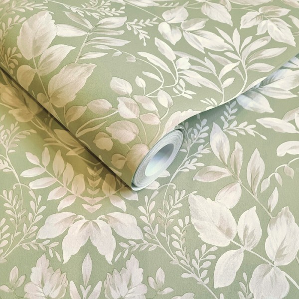 Papel de parede DAMASCO FLORAL BEGE E VERDE