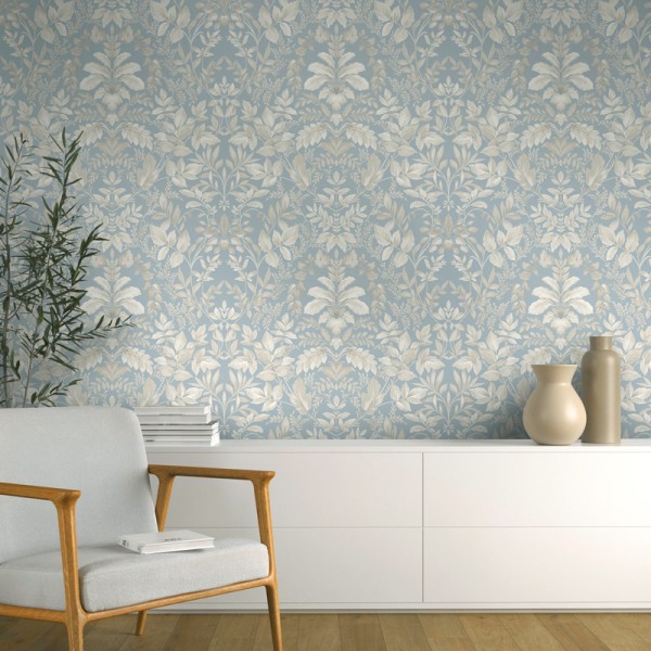 Papel de parede DAMASCO FLORAL BEGE E AZUL Papel de parede DAMASCO FLORAL BEGE E AZUL