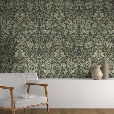 Papel de parede DAMASCO FLORAL VERDE E PRETO Papel de parede DAMASCO FLORAL VERDE E PRETO