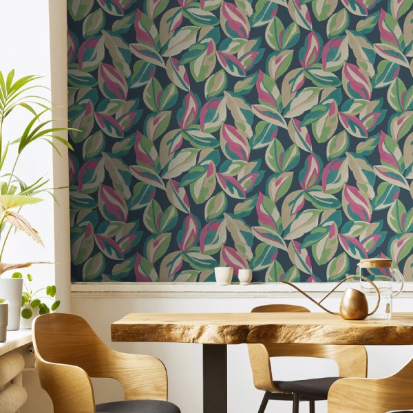 Papel pintado HOJAS GRANDES VERDES Y ROSAS