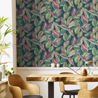 Papel pintado HOJAS GRANDES VERDES Y ROSAS