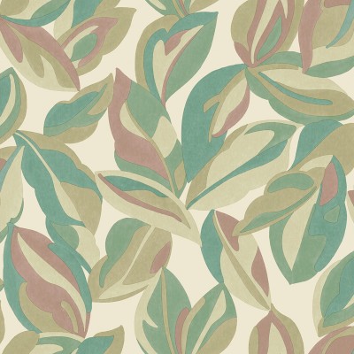 Papel pintado HOJAS GRANDES VERDE TURQUESA Y ROSA