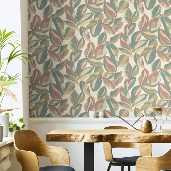 Papel de parede FOLHAS GRANDES VERDE TURQUESA E ROSA