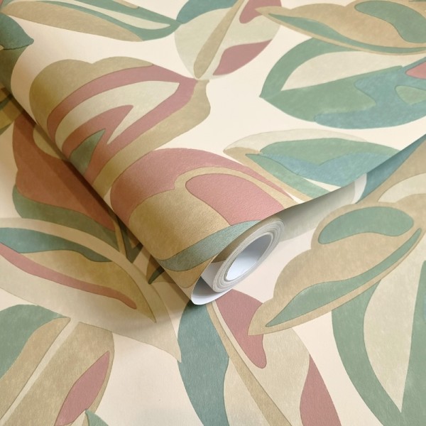 Papel pintado HOJAS GRANDES VERDE TURQUESA Y ROSA