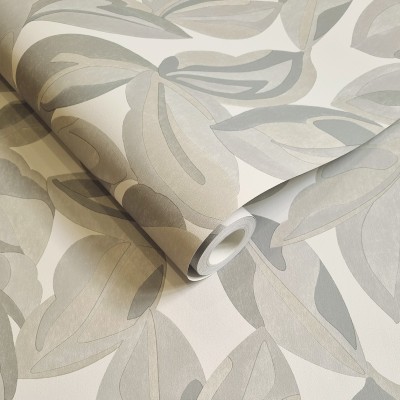 Papel de parede FOLHAS GRANDES BEGE E CINZA