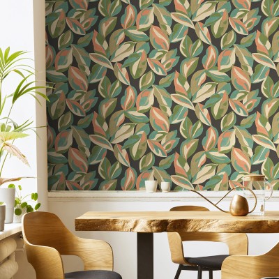 Papel pintado HOJAS GRANDES TURQUESA Y NARANJA 2