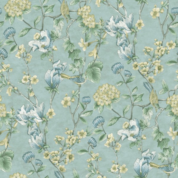 Papel pintado FLORES CON PÁJAROS AZUL Y VERDE