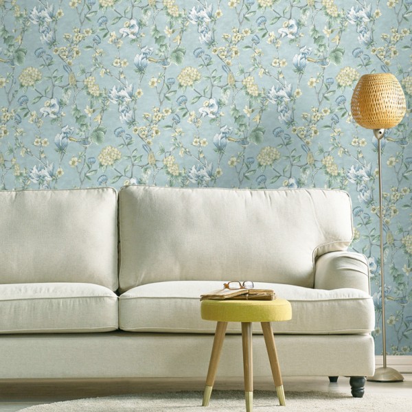 Papel de parede FLORES COM PÁSSAROS AZUIS E VERDES Papel de parede FLORES COM PÁSSAROS AZUIS E VERDES