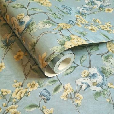 Papel de parede FLORES COM PÁSSAROS AZUIS E VERDES Papel de parede FLORES COM PÁSSAROS AZUIS E VERDES