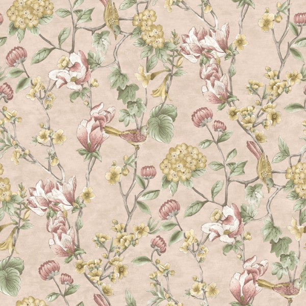 Papel pintado FLORES CON PÁJAROS ROSA Y BEIGE