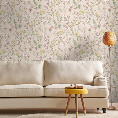 Papel pintado FLORES CON PÁJAROS ROSA Y BEIGE Papel pintado FLORES CON PÁJAROS ROSA Y BEIGE