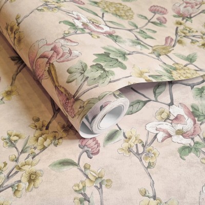 Papel pintado FLORES CON PÁJAROS ROSA Y BEIGE Papel pintado FLORES CON PÁJAROS ROSA Y BEIGE