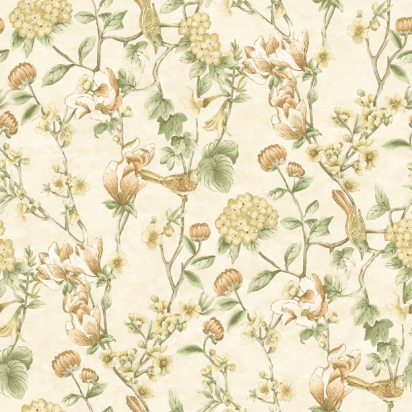 Papel pintado FLORES CON PÁJAROS ANARANJADO MARRÓN Y CREMA