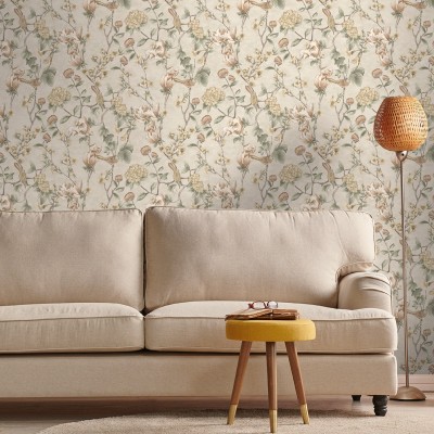 Papel de parede FLORES COM PÁSSAROS LARANJA CASTANHO E CREME