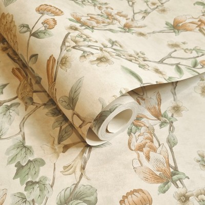 Papel de parede FLORES COM PÁSSAROS LARANJA CASTANHO E CREME
