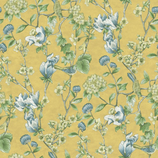 Papel de parede FLORES COM PÁSSAROS OCRE E AZUL