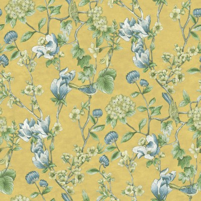 Papel de parede FLORES COM PÁSSAROS OCRE E AZUL Papel de parede FLORES COM PÁSSAROS OCRE E AZUL