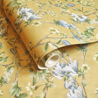 Papel de parede FLORES COM PÁSSAROS OCRE E AZUL Papel de parede FLORES COM PÁSSAROS OCRE E AZUL