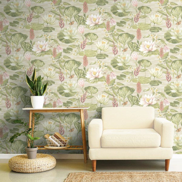 Paper pintat NENÚFARS VERD BEIGE Paper pintat NENÚFARS VERD BEIGE