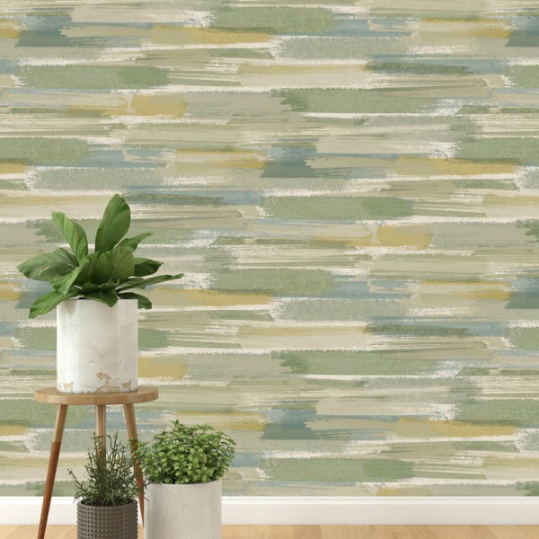 Papel de parede ACUARELA PINCELADAS VERDE OCRE