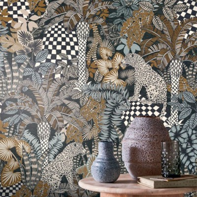 Papel de parede SELVA ÉTNICA PRETO E VERDE 2