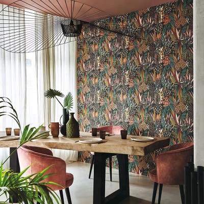 Papel de parede FOLHAS TRIBAIS VERDE FUNDO PRETO