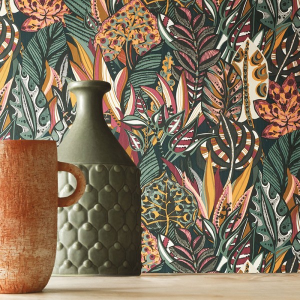 Papel de parede FOLHAS TRIBAIS VERDE FUNDO PRETO