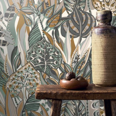 Papel de parede FOLHAS TRIBAIS VERDE E BEGE Papel de parede FOLHAS TRIBAIS VERDE E BEGE