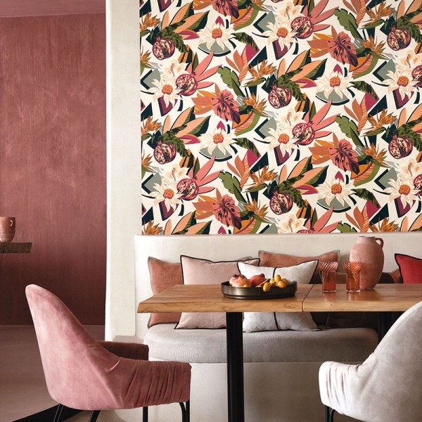 Papel de parede VEGETAÇÃO TROPICAL LARANJA E BRANCO