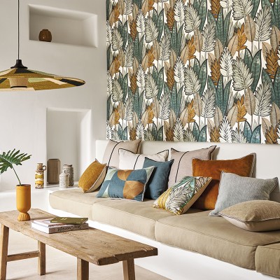 Papel de parede FOLHAS DE PALMEIRA TURQUESA E BRANCO 2