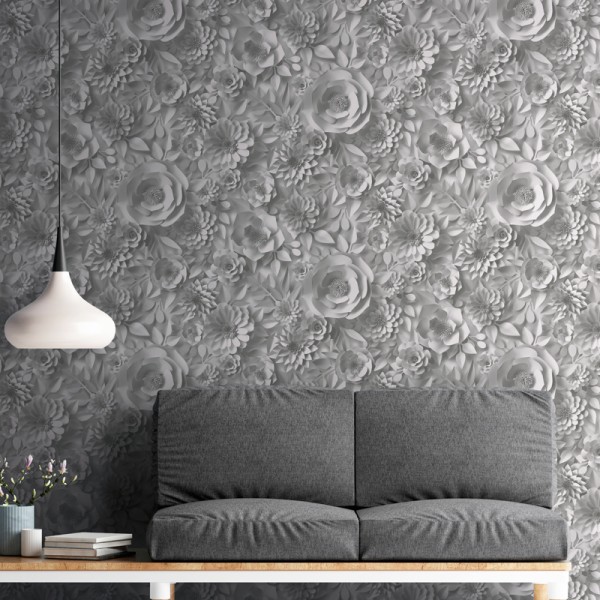Papel pintado Flores 3D Gris