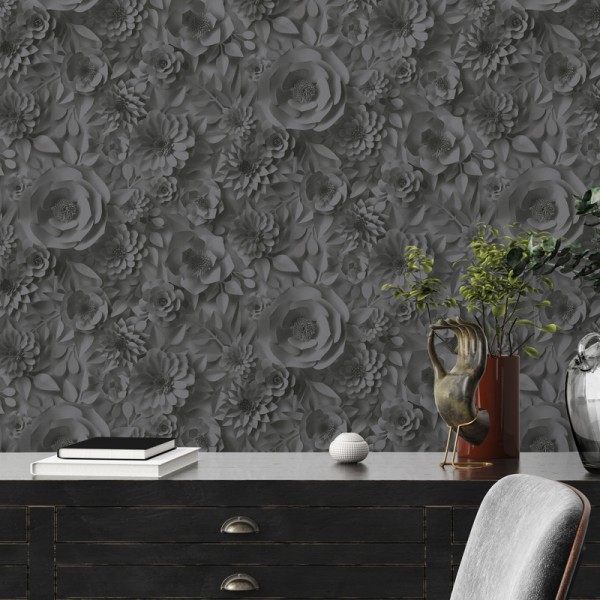 Papel pintado Flores 3D Negro Papel pintado Flores 3D Negro