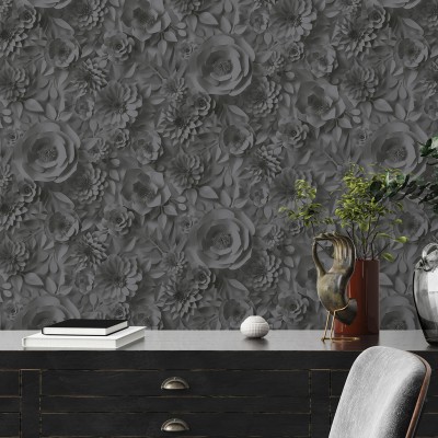 Papel de parede Flores 3D Preto