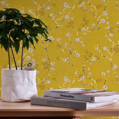 Paper pintat Floral Amb Branques Groc Paper pintat Floral Amb Branques Groc