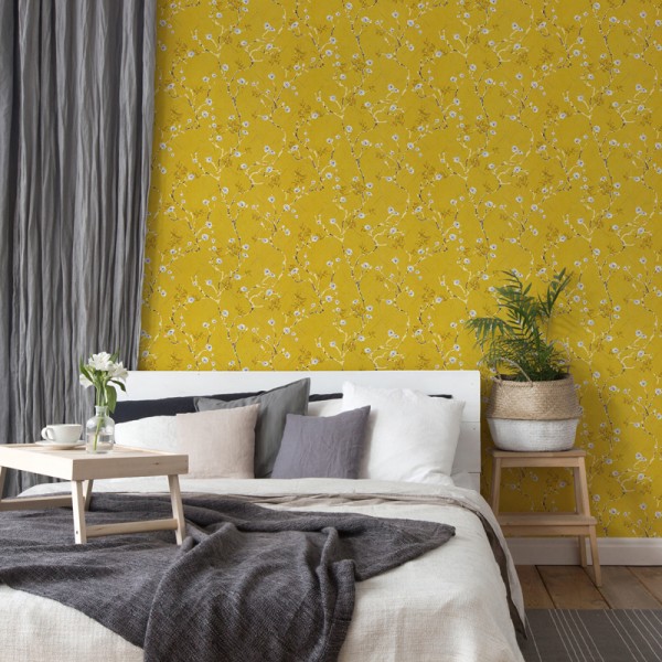 Paper pintat Floral Amb Branques Groc Paper pintat Floral Amb Branques Groc