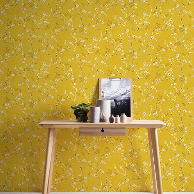 Papel pintado Floral con Ramas Amarillo Papel pintado Floral con Ramas Amarillo