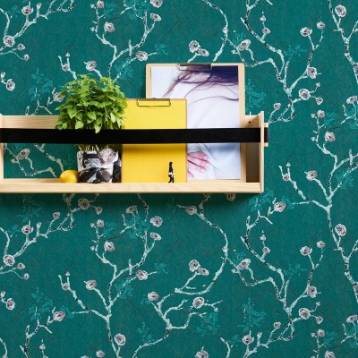 Papel de parede Floral com Galhos Azul Turquesa