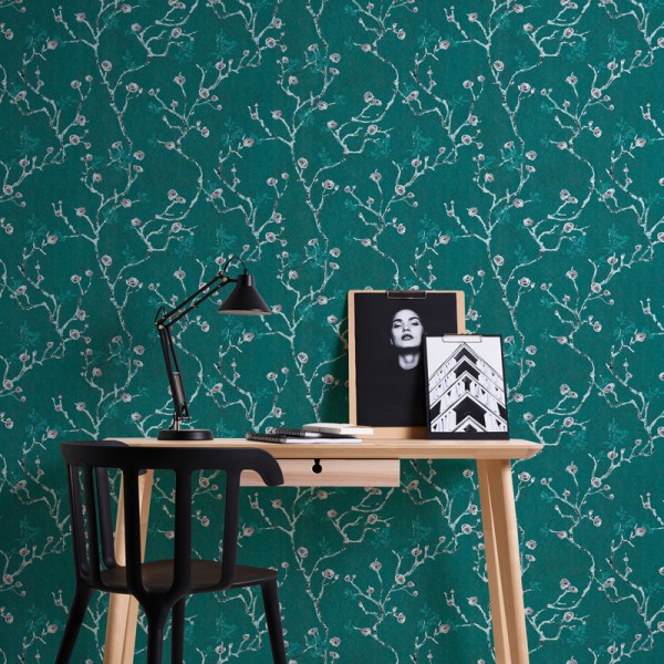 Papel de parede Floral com Galhos Azul Turquesa