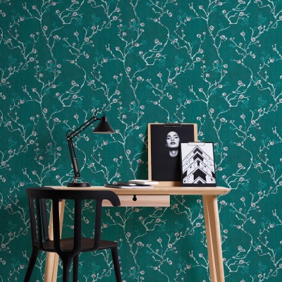 Papel de parede Floral com Galhos Azul Turquesa