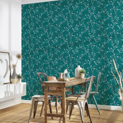 Papel pintado Floral con Ramas Azul Turquesa