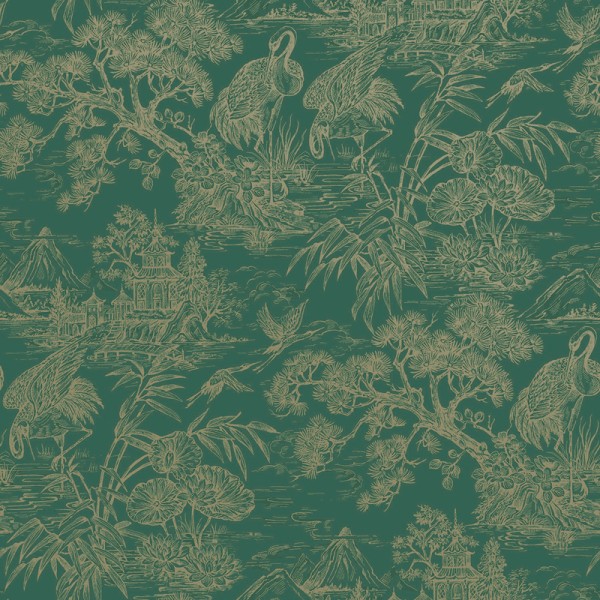 Papel de parede JAPONÊS TSURU DOURADO VERDE