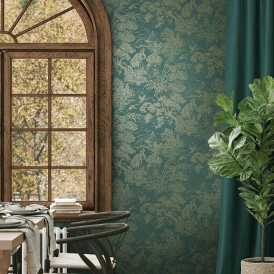 Papel pintado JAPONÉS GRULLA DORADO VERDE