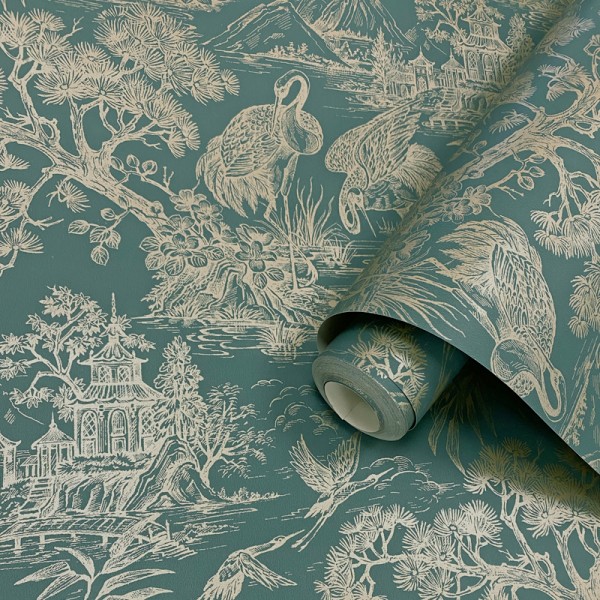 Papel pintado JAPONÉS GRULLA DORADO VERDE